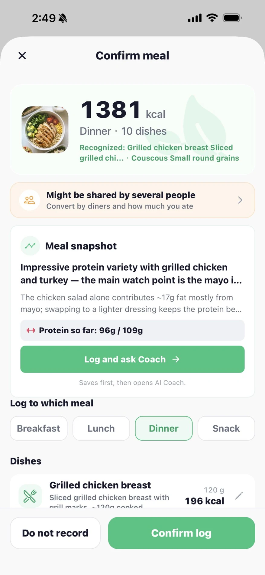 KaloCam meal confirmation screen with editable nutrition estimates