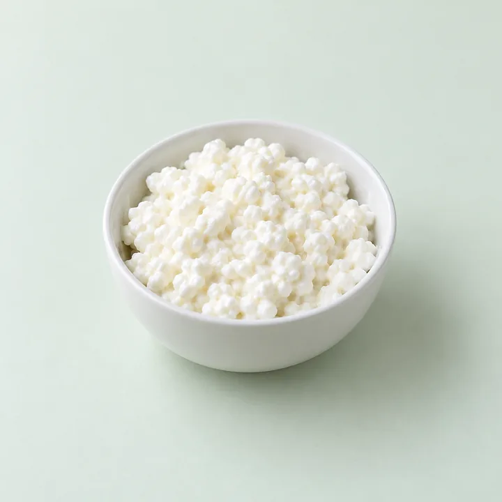 Half a cup of small-curd cottage cheese in a white bowl