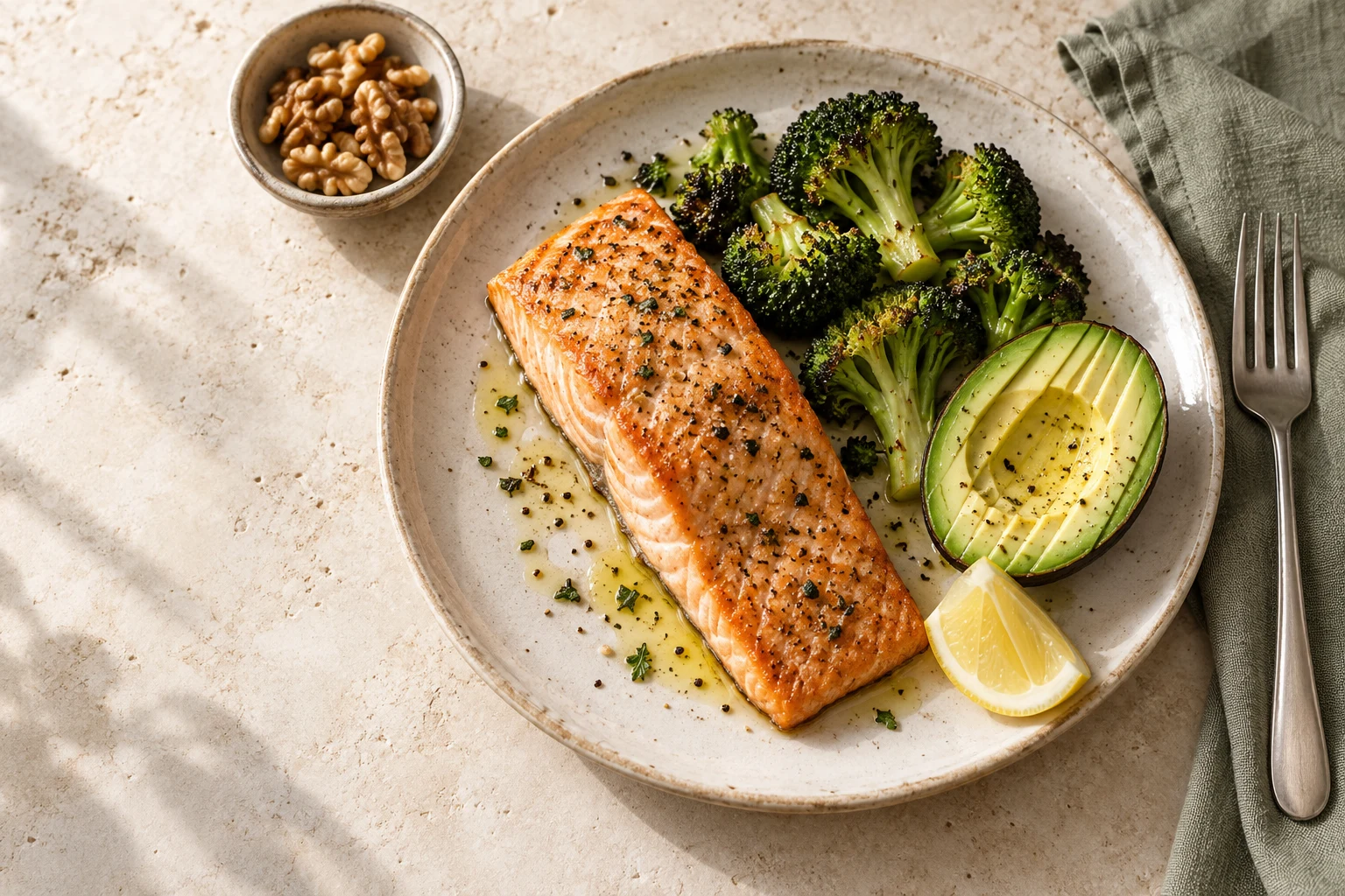Illustration of roasted salmon, broccoli and avocado on a ceramic plate