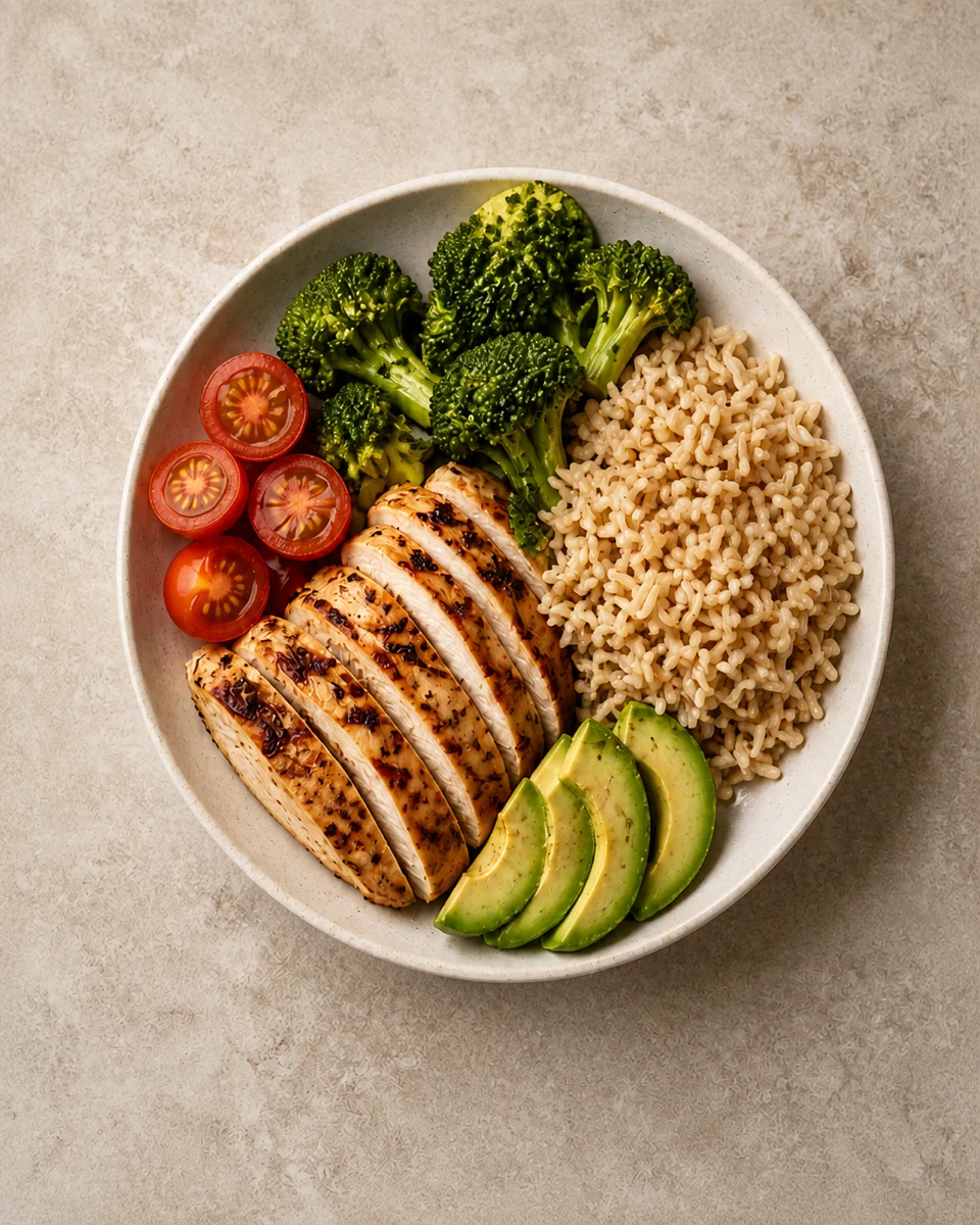 Chicken, grains, avocado and vegetables in a meal bowl