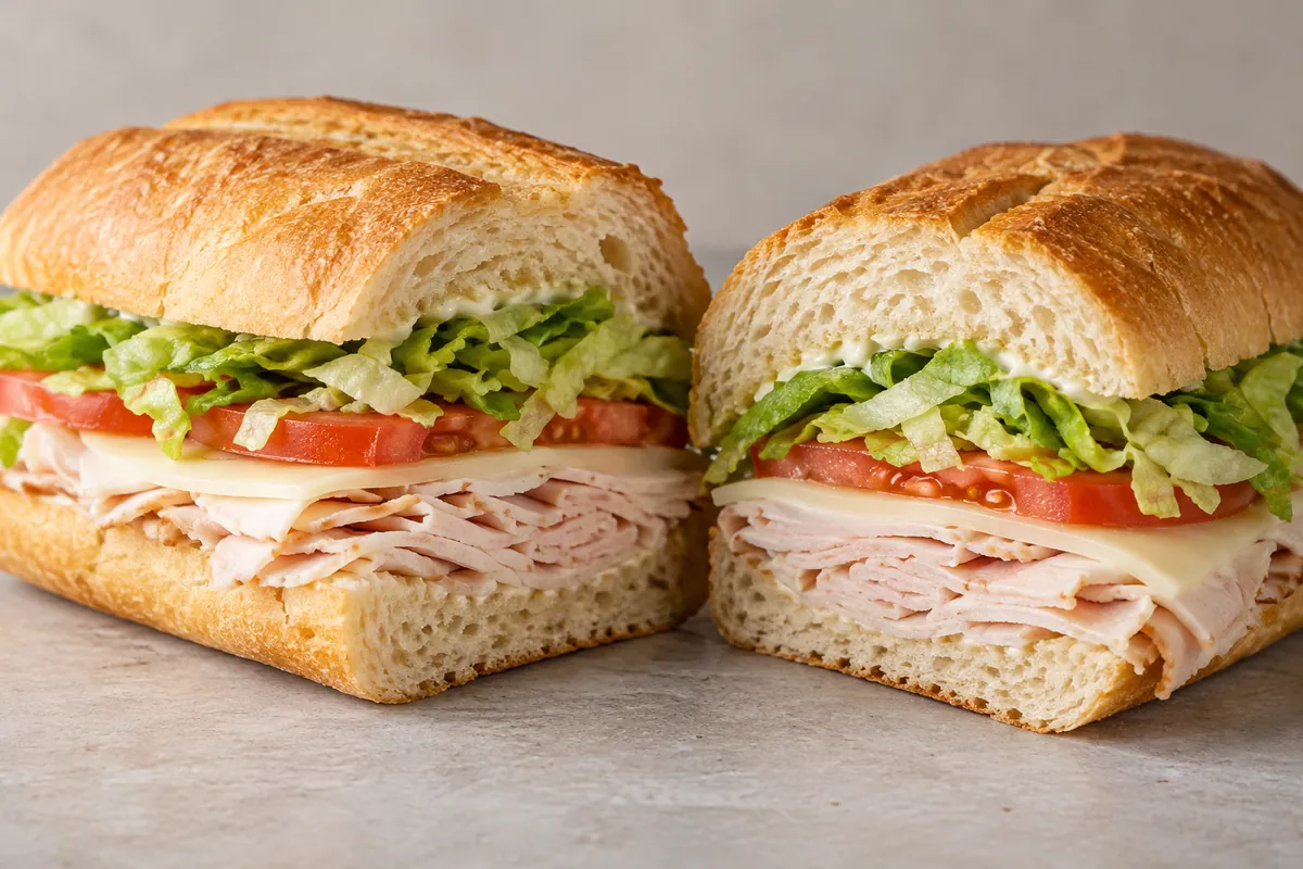 An unbranded turkey submarine sandwich cut in half, showing its bread and vegetable layers.